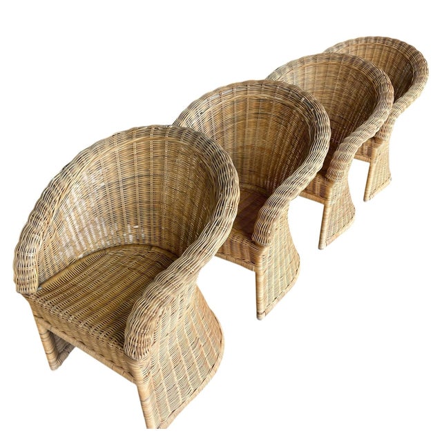 Vintage Organic Modern Wicker Pedestal Dining Table & 4 Barrel Chairs, 48” Glass Top For Sale - Image 9 of 17