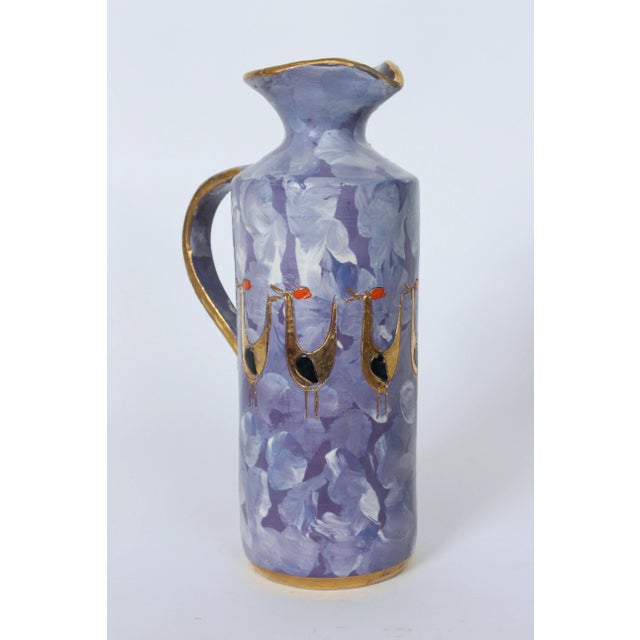 Mid-Century Modern 1950s Aldo Londi for Bitossi Gilt Birds Glazed Pottery Handled Pitcher - Vase For Sale - Image 3 of 12