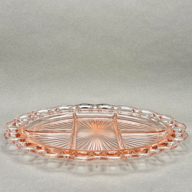 Mid-Century Modern Vintage Pink Anchor Hocking “Old Colony” Open Lace 5-Part Divided Relish Dish Platter For Sale - Image 3 of 8