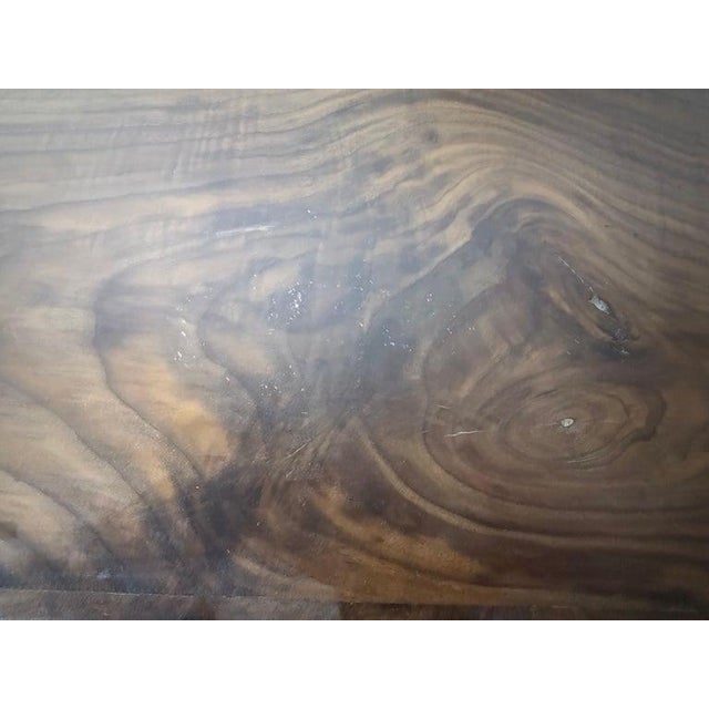 Brown Handcrafted Solid Wood Trestle Dining Table With Wrought Iron Stretcher For Sale - Image 8 of 13