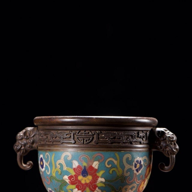 Turquoise Vintage Cloisonné Enamel Censer With Beast Handles and Lotus Motif For Sale - Image 8 of 9