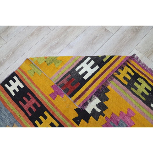 1970s 1970s Scandinavian Green Striped Kilim Rug For Sale - Image 5 of 13