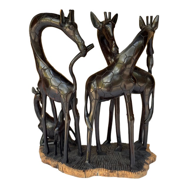 Vintage African Hand-Carved Ebony Wood Intertwined Giraffe Herd For Sale