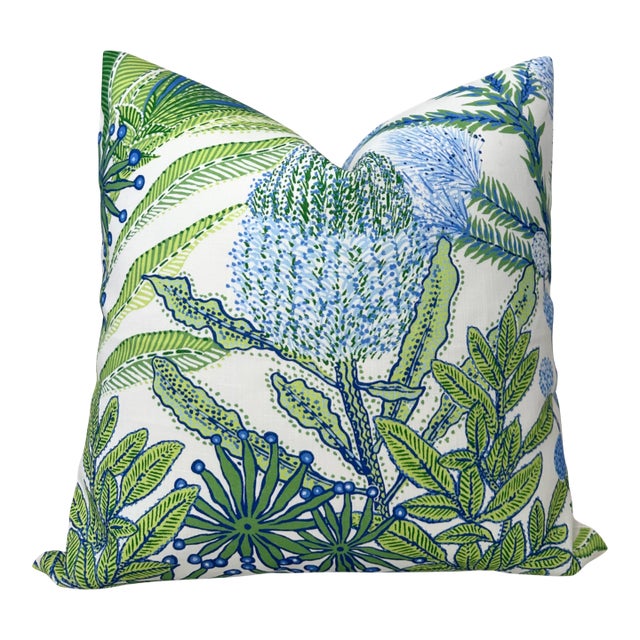 Protea Floral Pillow Cover in Green and Blue, 22x22 Pillow For Sale