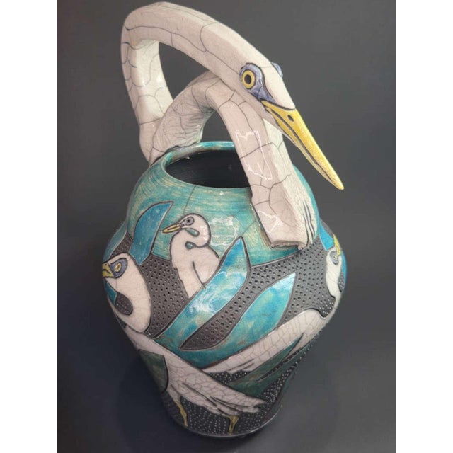 Vintage Designer Raku Pottery Vase With Birds For Sale - Image 4 of 11