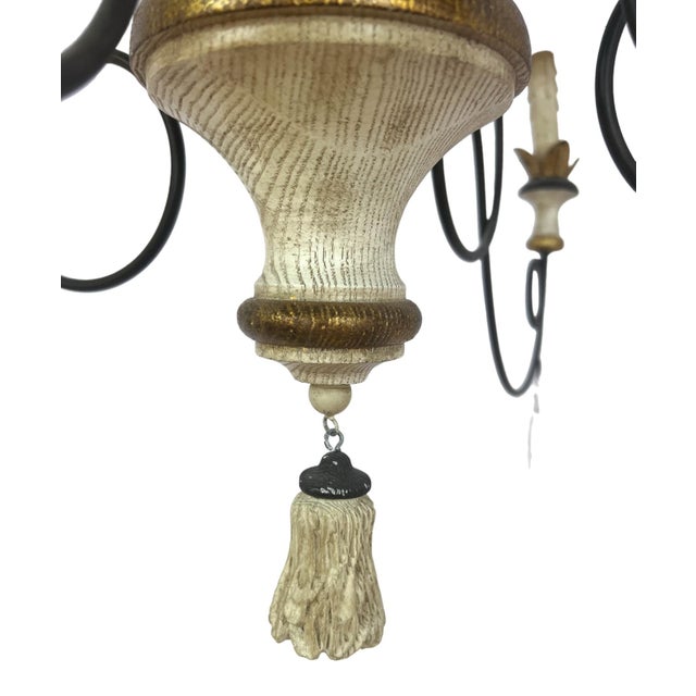 French Country 9-Light Wrought Iron Chandelier With Carved Wood Accents For Sale - Image 12 of 13