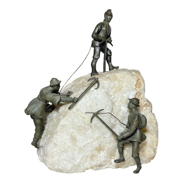 Antique 1800's Austrian Bronze Mineral Stone Figure Alpinists Climbers Statue For Sale