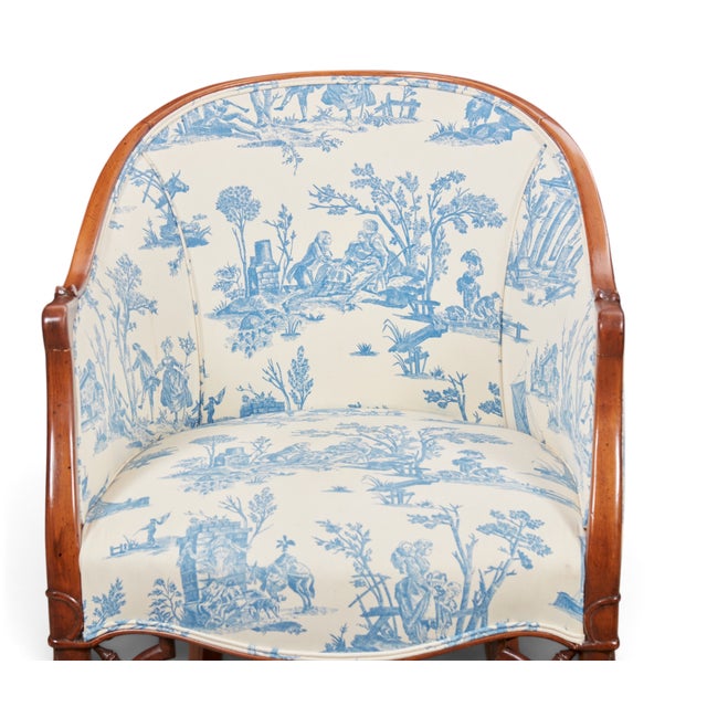 Cream Blue & Cream Toile Faux Bamboo Walnut Bergère Chair, Georgian Style, Mid-20th Century For Sale - Image 8 of 8