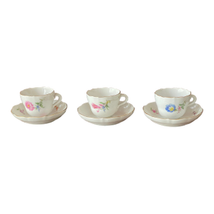 1950s 3 Meissen Porcelain Demitasse Cups With Saucers Flowerrs