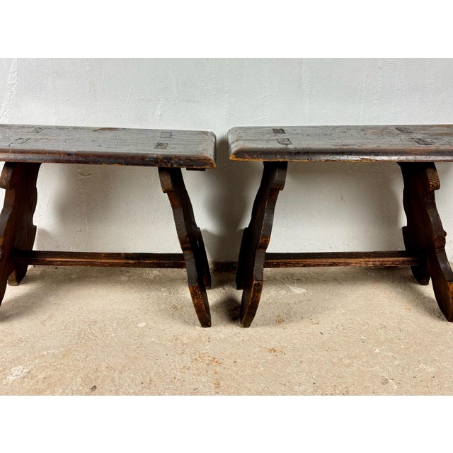 Pair of Rustic Spanish Wooden Stools, 1900s For Sale - Image 9 of 12