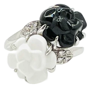 Estate Chanel Agate, Onyx and Diamond Camelia Ring in 18k White Gold, Size 6.75