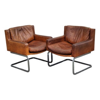 Mid-Century DS 201 Armchairs in Cognac-Colored Cowhide Leather by Robert Haussmann for De Sede, 1960s, Set of 2 For Sale