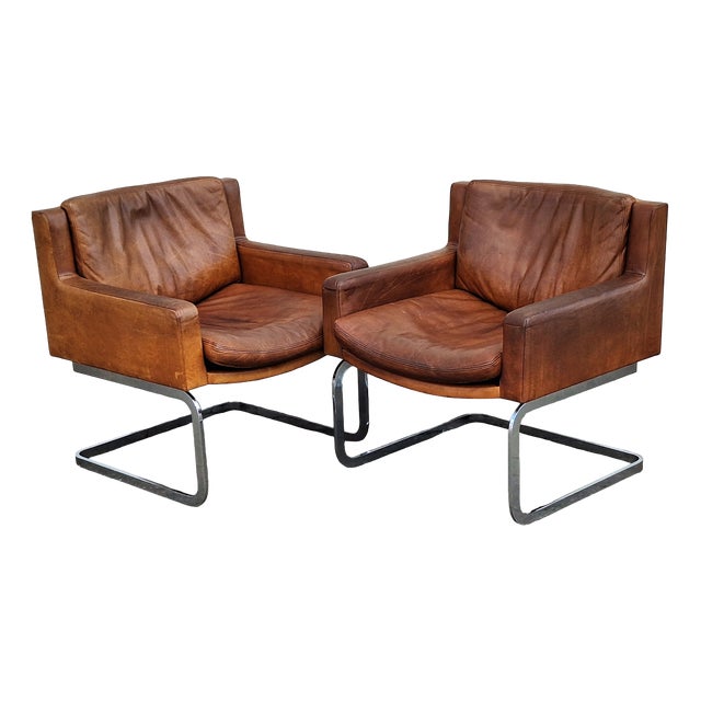 Mid-Century DS 201 Armchairs in Cognac-Colored Cowhide Leather by Robert Haussmann for De Sede, 1960s, Set of 2 For Sale