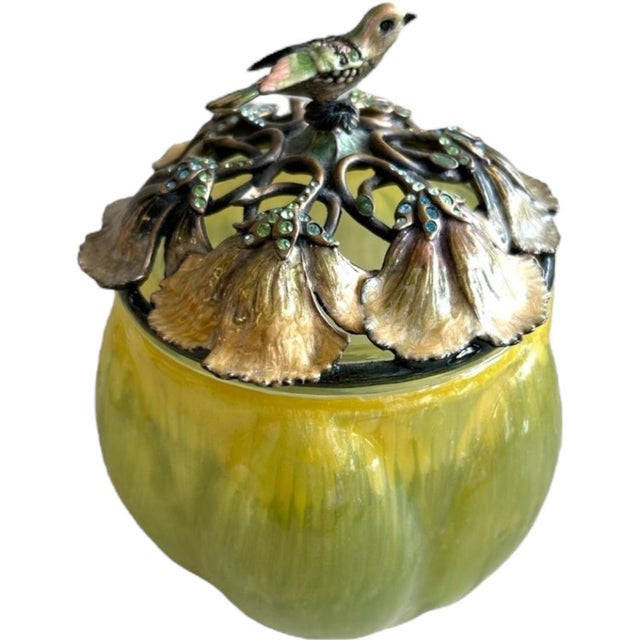 Excellent condition! beautiful green opaline jar designed by Jay Strongwater; a melon shaped jar; top covered by enameled...