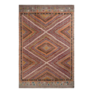 1950s Handwoven Vintage KIlim Rug in High-Low Multicolor Geometric Pattern For Sale