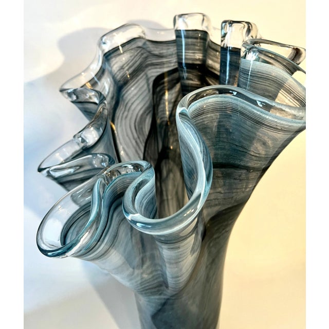 Mid-Century Modern Pair of Hand Blown Smoky Gray Italian Murano Glass Freeform Ruffle Vases For Sale - Image 3 of 11