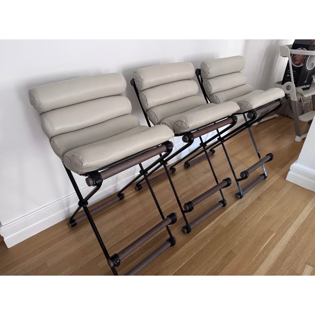 Thomas Hayes Studio Attributed Thomas Hayes Studio Iron and Rolled Leather Counter Stools - Set of 3 For Sale - Image 4 of 7