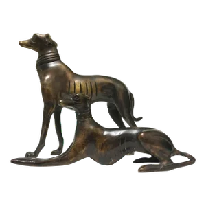 Mid 20th Century Heavy Bronze Standing and Sitting Greyhound Dog Figurines- a Pair