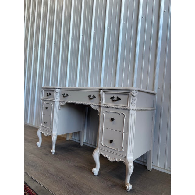 Elegant French Provincial–style writing desk or vanity refinished in a soft Beige-grey tone (granite dust by bher),...