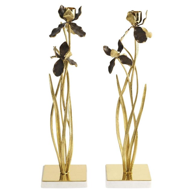 Candlesticks with Iris Design in Gilt Metal with Marble Bases, Set of 2 For Sale - Image 5 of 5