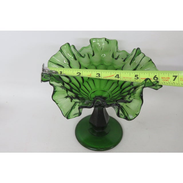Fenton Green Thumbprint Style Ruffled Pedestal Large Compote Candy Dish 4570b For Sale - Image 10 of 15