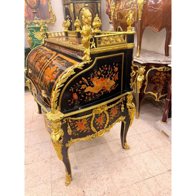 Museum Quality Rococo Marquetry Secretary Black & Gold Writing Bureau For Sale In Orlando - Image 6 of 10