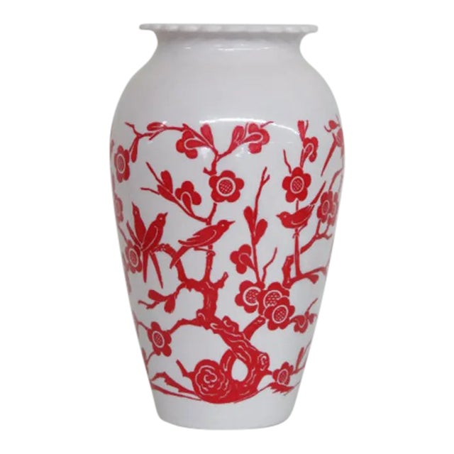 Anchor Hocking Red Birds Cherry Blossoms Flower Milk Glass Vase For Sale