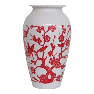 Anchor Hocking Red Birds Cherry Blossoms Flower Milk Glass Vase