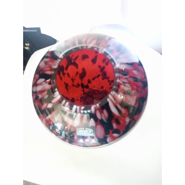 Ruby Red Watra Art Glass Vase Ruby Red & Black Speckled Mottled Bulb Shape Label For Sale - Image 8 of 8