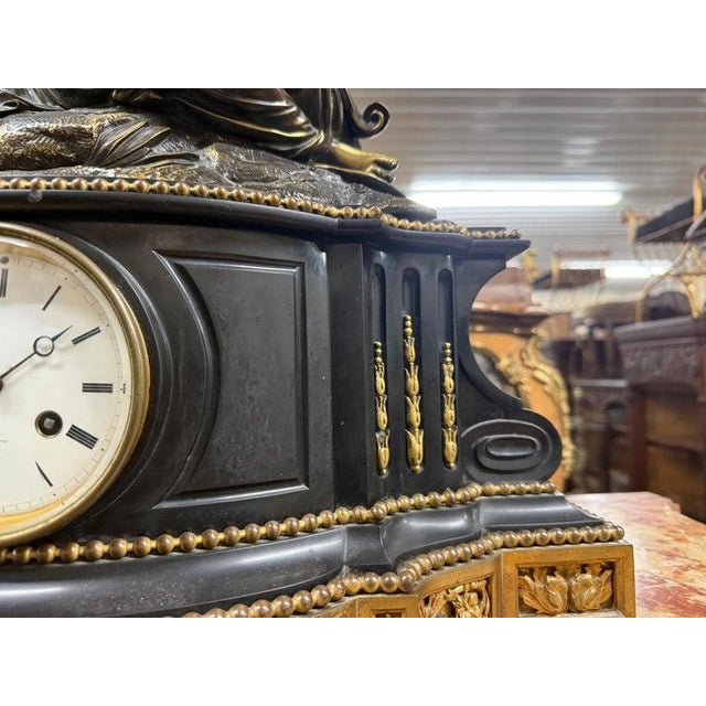 DESIGN FRERES Raingo Freres Bronze and Slate French Louis XV Style Figural Mantel Clock For Sale - Image 4 of 12