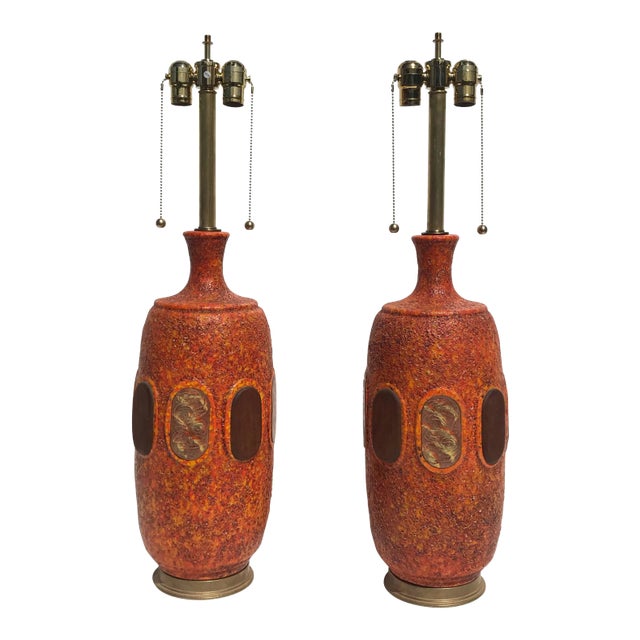 Orange Lava Glazed Ceramic Lamps - a Pair For Sale