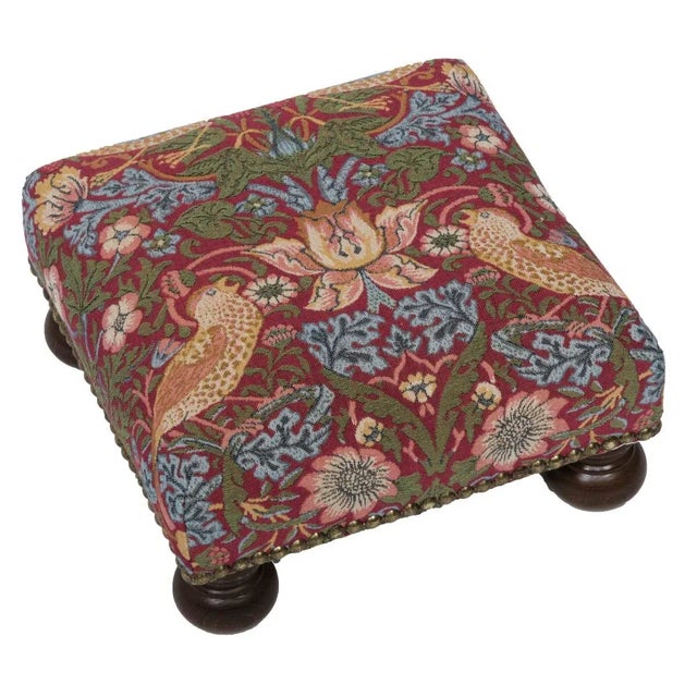 English 00 Strawberry Thief Birds Red Tapestry Footstool For Sale - Image 3 of 3