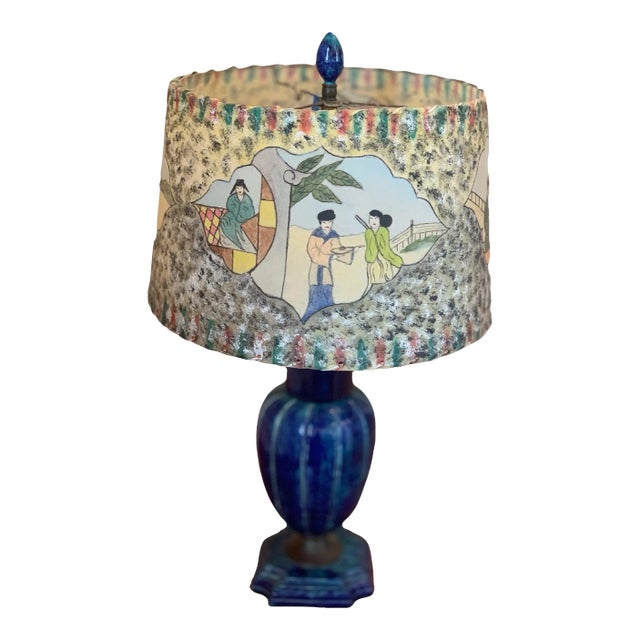 Blue Glazed Pottery Table Lamp With Hand Painted Celluloid Shade, Circa 1930 For Sale