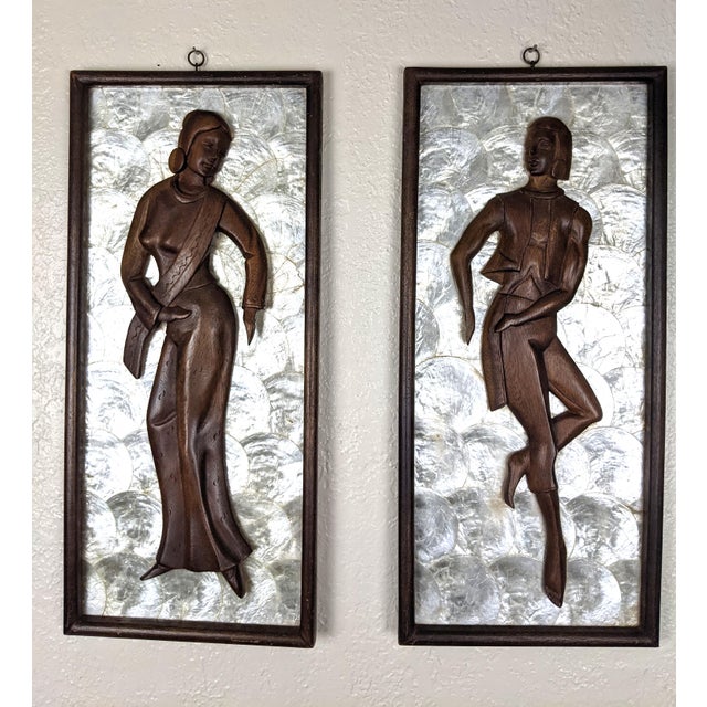 Pair Mid-Century Modern Hand-Carved Wood Figural Relief Wall Panels on Shimmering Capiz Shell Grounds For Sale - Image 9 of 18