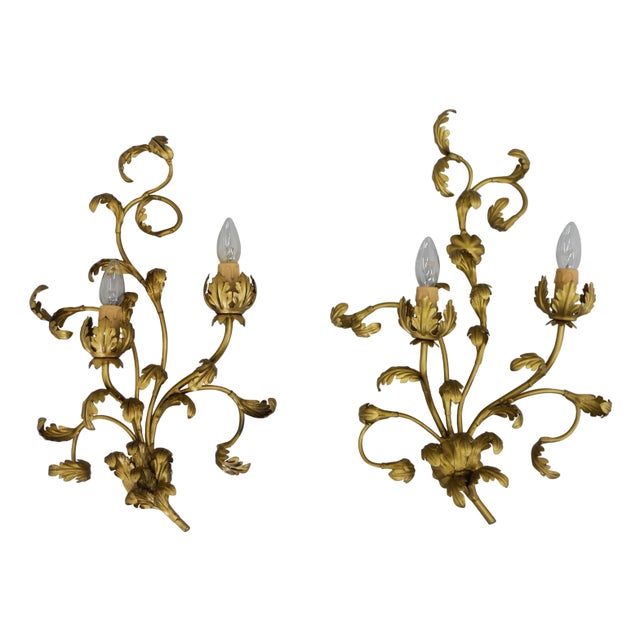 Gilt Wall Lamps, Italy, 1960s, Set of 2 For Sale
