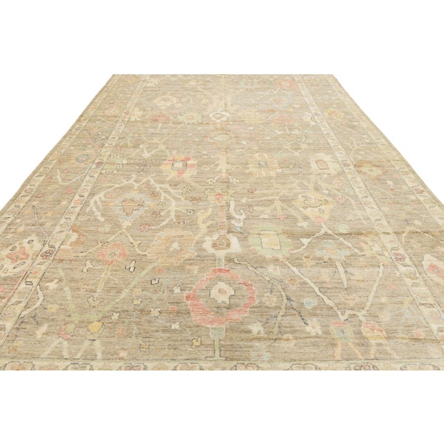 Modern Oushak Style Hand-Knotted Wool Rug – Muted Earth Tones & Pastel Accents For Sale - Image 11 of 11