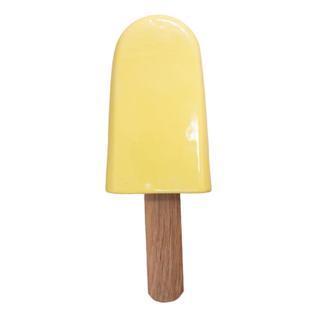 Yellow Ice Pop Ceramic Wall Sculpture With Natural Oak Wood Stick For Sale