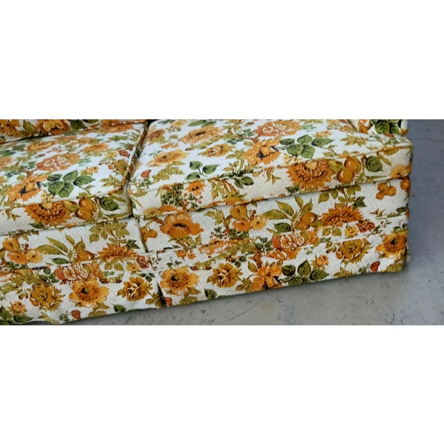 Vintage 1970s Orange / Yellow Floral Textured Skirted Sofa Couch For Sale - Image 9 of 11