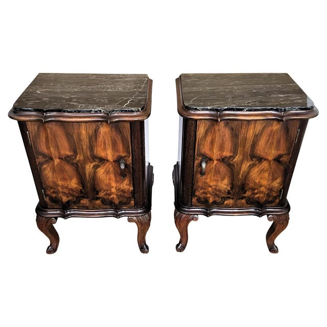 Italian Chippendale Walnut Nightstands with Marble Top, 1930s, Set of 2 For Sale - Image 10 of 10