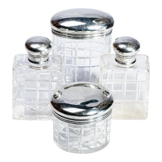 Set of 4, Beautiful Set Mappin and Webb Antique English Sterling Silver and Crystal Geometric Cut Pattern Vanity Dresser Jar and Bottle For Sale