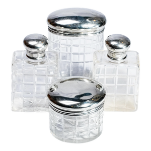 Set of 4, Beautiful Set Mappin and Webb Antique English Sterling Silver and Crystal Geometric Cut Pattern Vanity Dresser Jar and Bottle