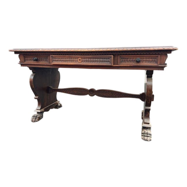 Antique 1920s Trestle Library Table Solid Wood For Sale