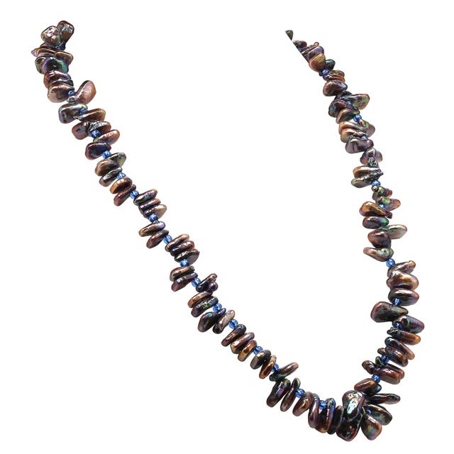 27 Inch Iridescent, Triangular Bronze-Green Pearl Necklace June Birthstone For Sale In Raleigh - Image 6 of 8