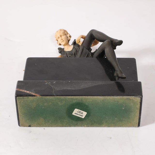 Art Deco Flapper Girl Sculpture in Bronze & Resin on Rectilinear Marble Base For Sale - Image 9 of 13