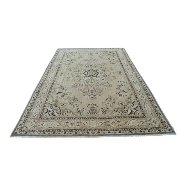 1940s Antique Persian Large Beige Natural Wool Rug For Sale