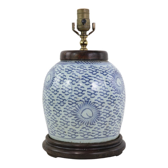 Blue and White Antique Porcelain Vase Lamp With Cobalt Scalloped Cloud Motif on Wood Base For Sale