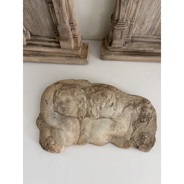 Set of 3 Vintage Plaster Architectural Wall Plaques With Renaissance Doorway Reliefs & Cherub Fragment For Sale - Image 9 of 14