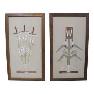 Native Navajo American Framed Sacred Corn Bean Plant Sand Art Pair For Sale