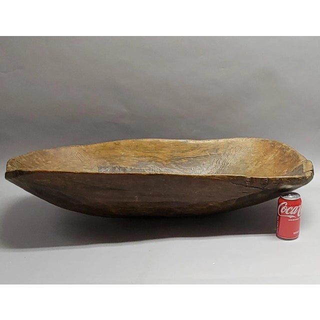 Farmhouse Large 19th Century American Hand-Hewn Oak Dough Bowl With Copper Repairs - 35" For Sale - Image 3 of 12