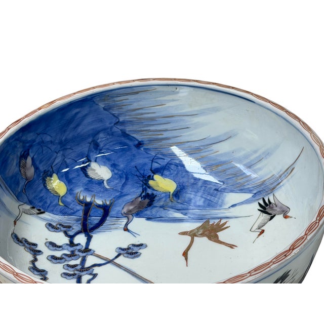 9.5" Asian Style Longevity Cranes Cloud Painted Porcelain Art Bowl For Sale - Image 13 of 14